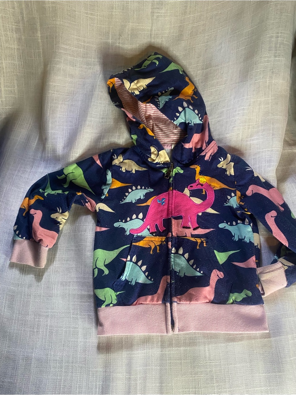 Kids Navy Dinosaur Zip-Up Hoodie - Pink Trim